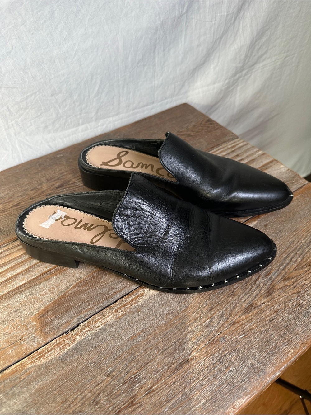 Sam Edelman Black Leather Pointed Backless Mules with Studded Sole